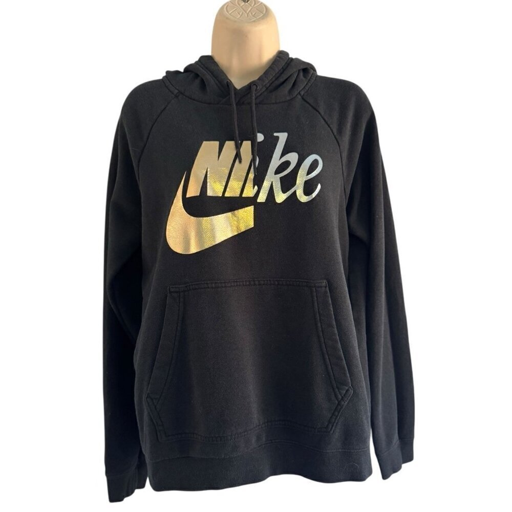 Nike Woman's Sz Rally Clash Hoodie Black with Silver/Gold Metallic Logo